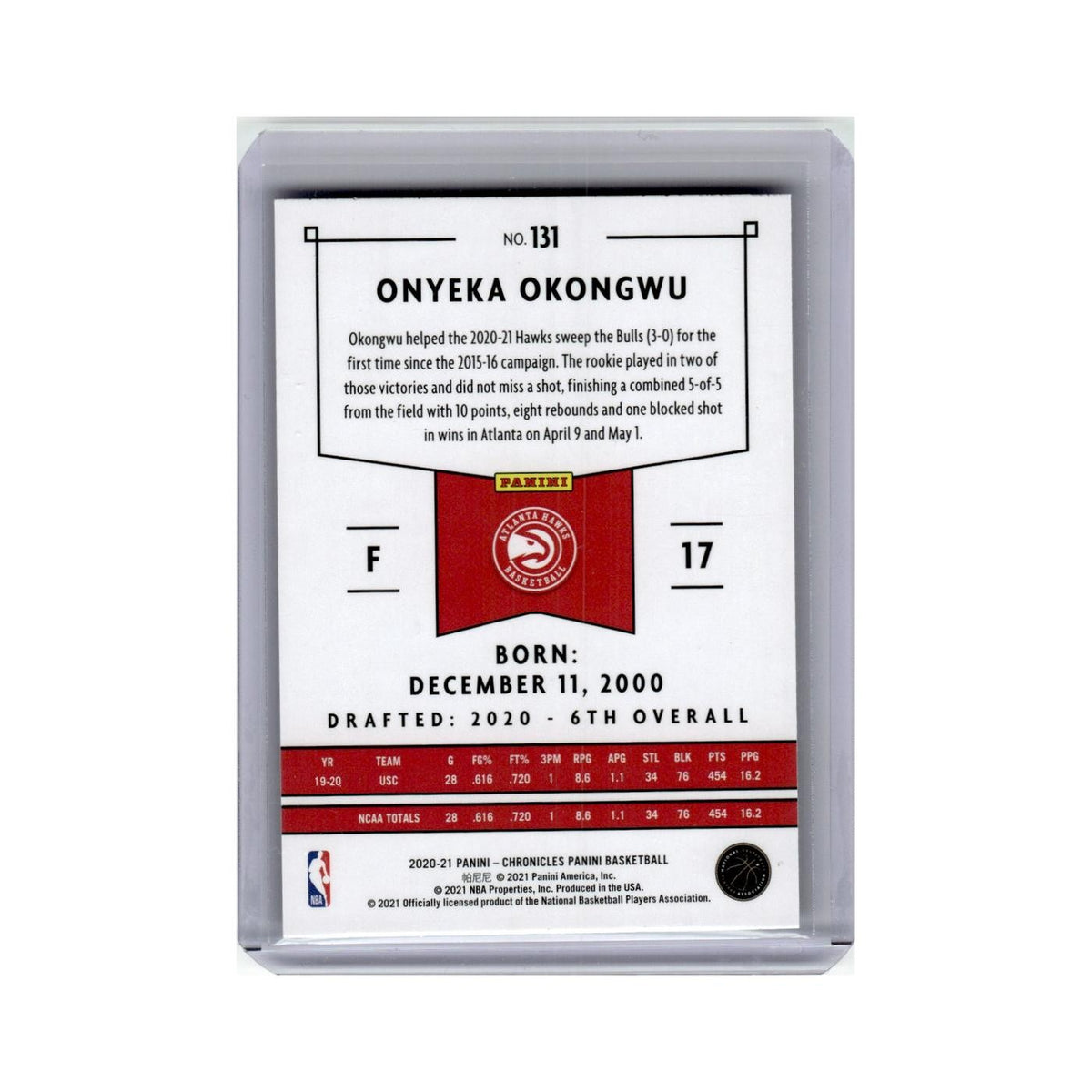 Onyeka Okongwu Rookie 2020 Panini Chronicles #131 Atlanta Hawks NM