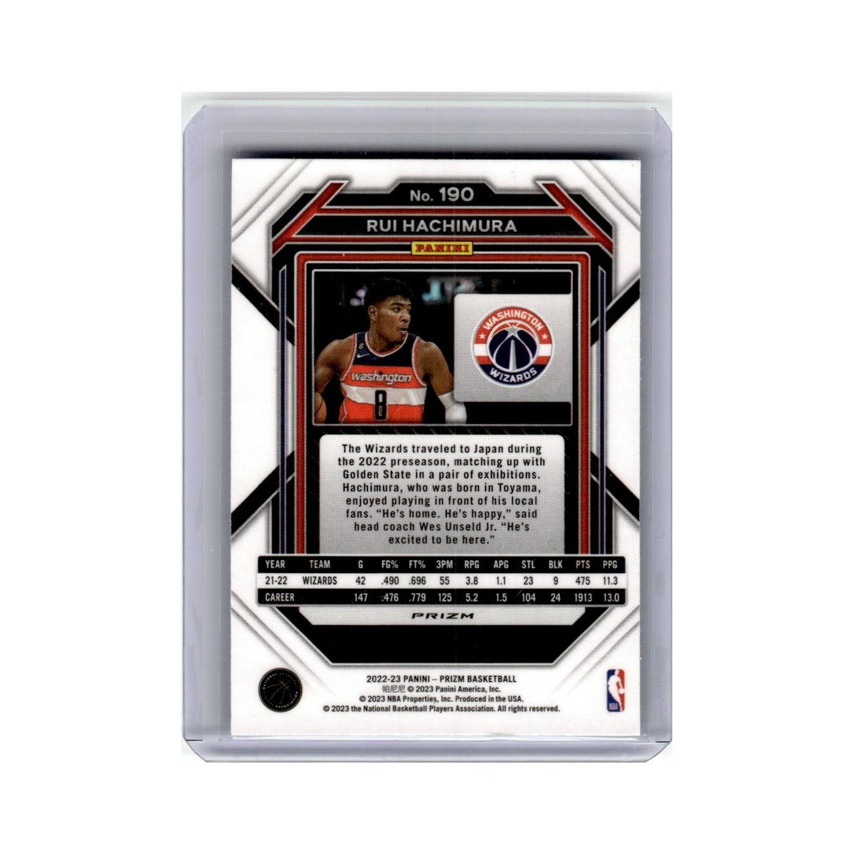 Rui Hachimura 2022 Panini Prizm Green #190 Washington Wizards Basketball Card NM
