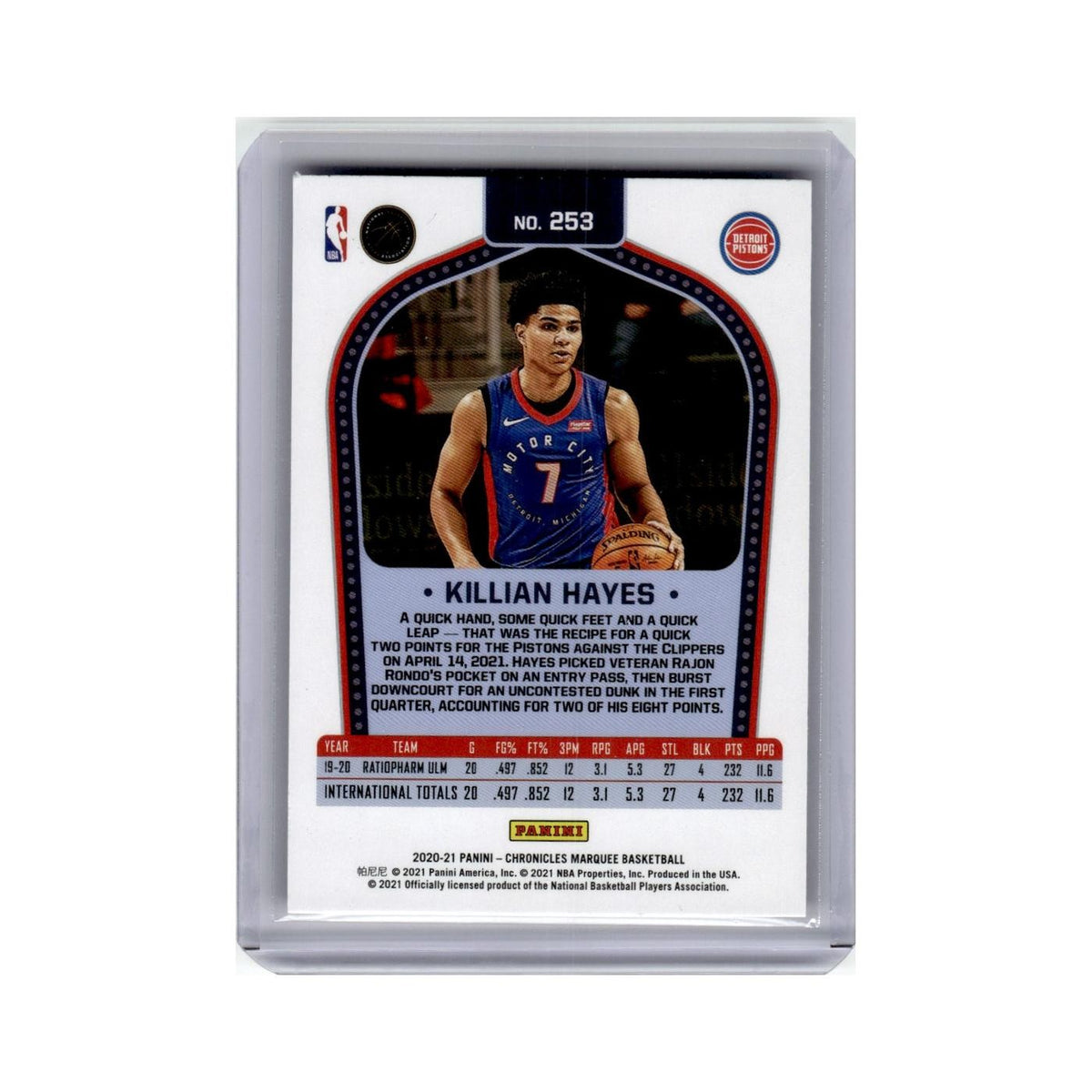 Killian Hayes Rookie 2020 Panini Chronicles Marquee #253 Detroit Pistons NM