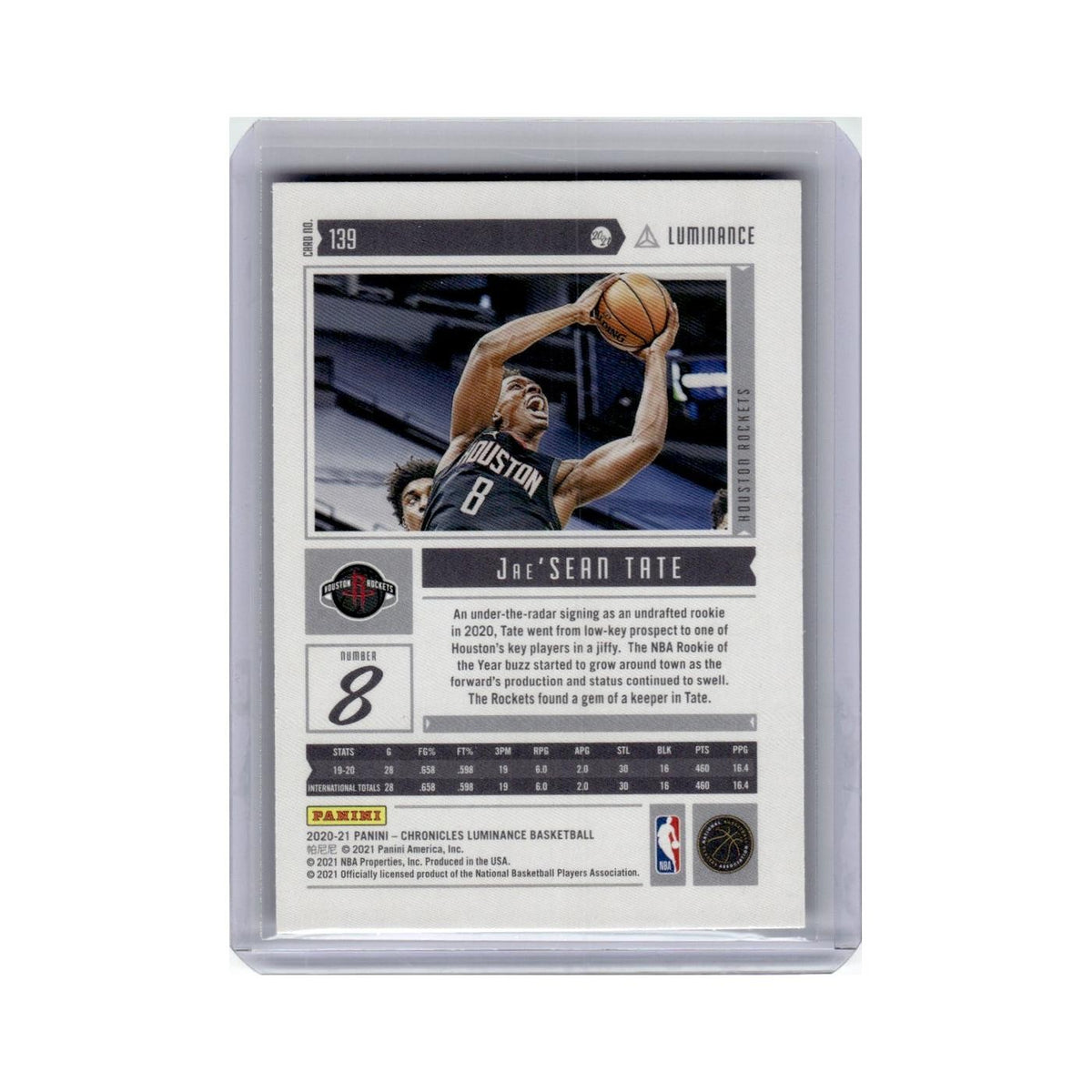 Jae'Sean Tate Rookie 2020 Panini Chronicles Luminance #139 Houston Rockets NM
