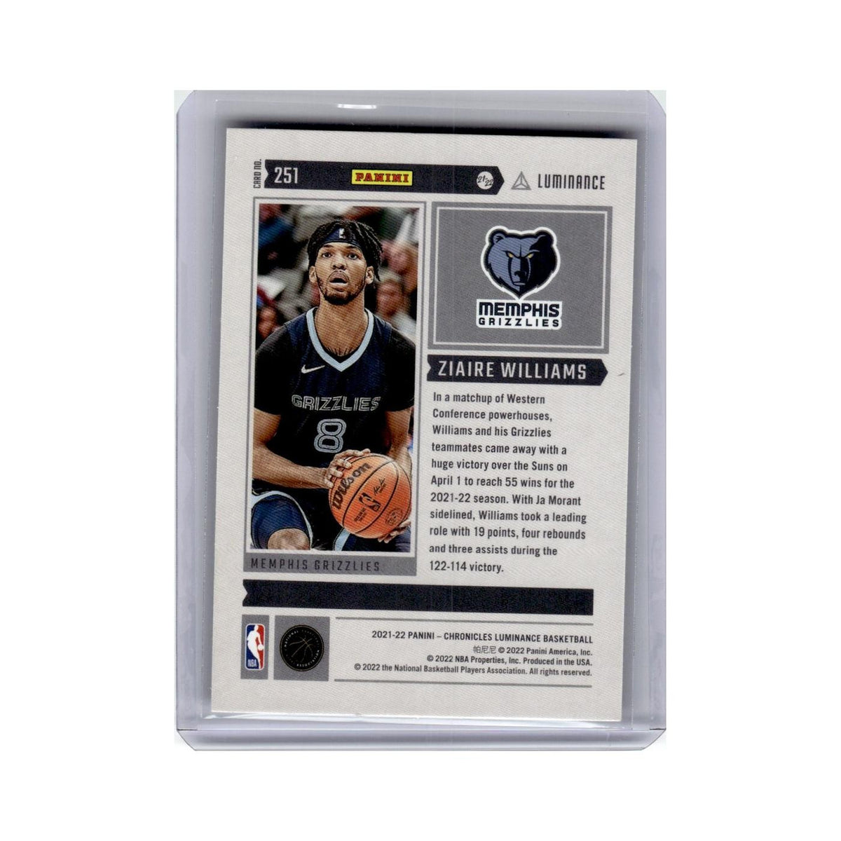 Ziaire Williams Rookie 2021 Panini Chronicles Luminance #251 Grizzlies NM
