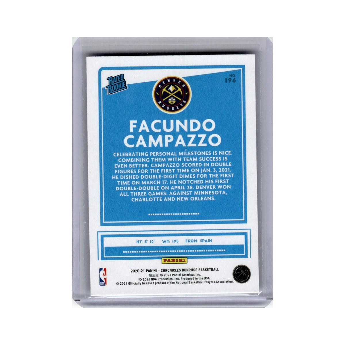 Facundo Campazzo 2020 Donruss Rated Rookie #196 Denver Nuggets NM