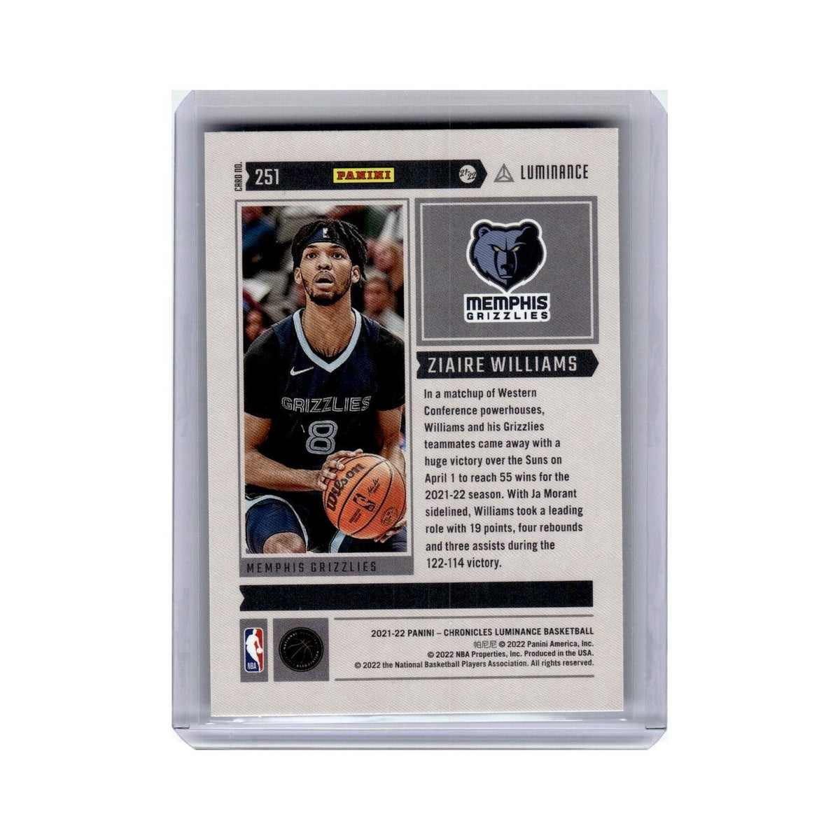 Ziaire Williams Rookie 2021 Panini Chronicles Luminance #251 Grizzlies NM