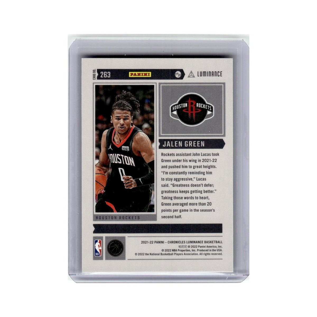 Jalen Green Rookie 2021 Panini Chronicles Luminance #263 Houston Rockets NM