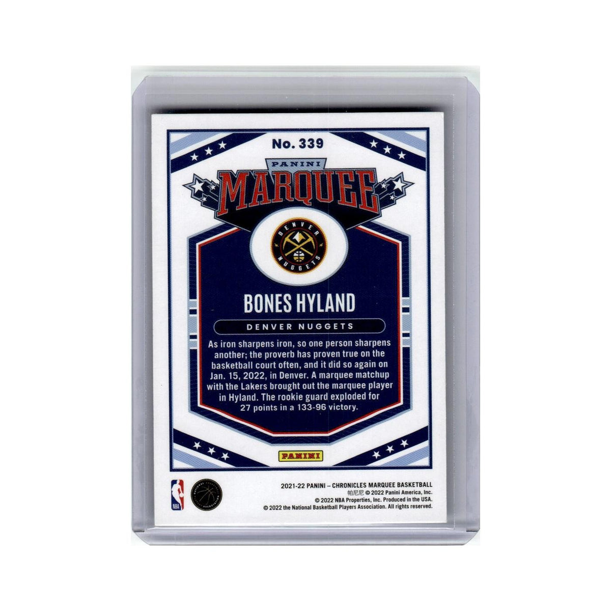 Bones Hyland Rookie 2021 Panini Chronicles Marquee #339 Denver Nuggets NM