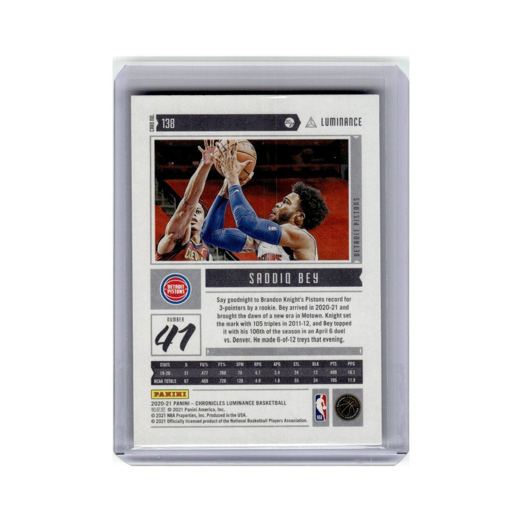 Saddiq Bey Rookie 2020 Panini Chronicles Luminance #138 Detroit Pistons NM