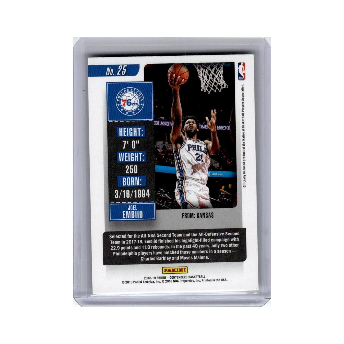 Joel Embiid 2018 Panini Contenders Season Ticket #25 Philadelphia 76ers NM