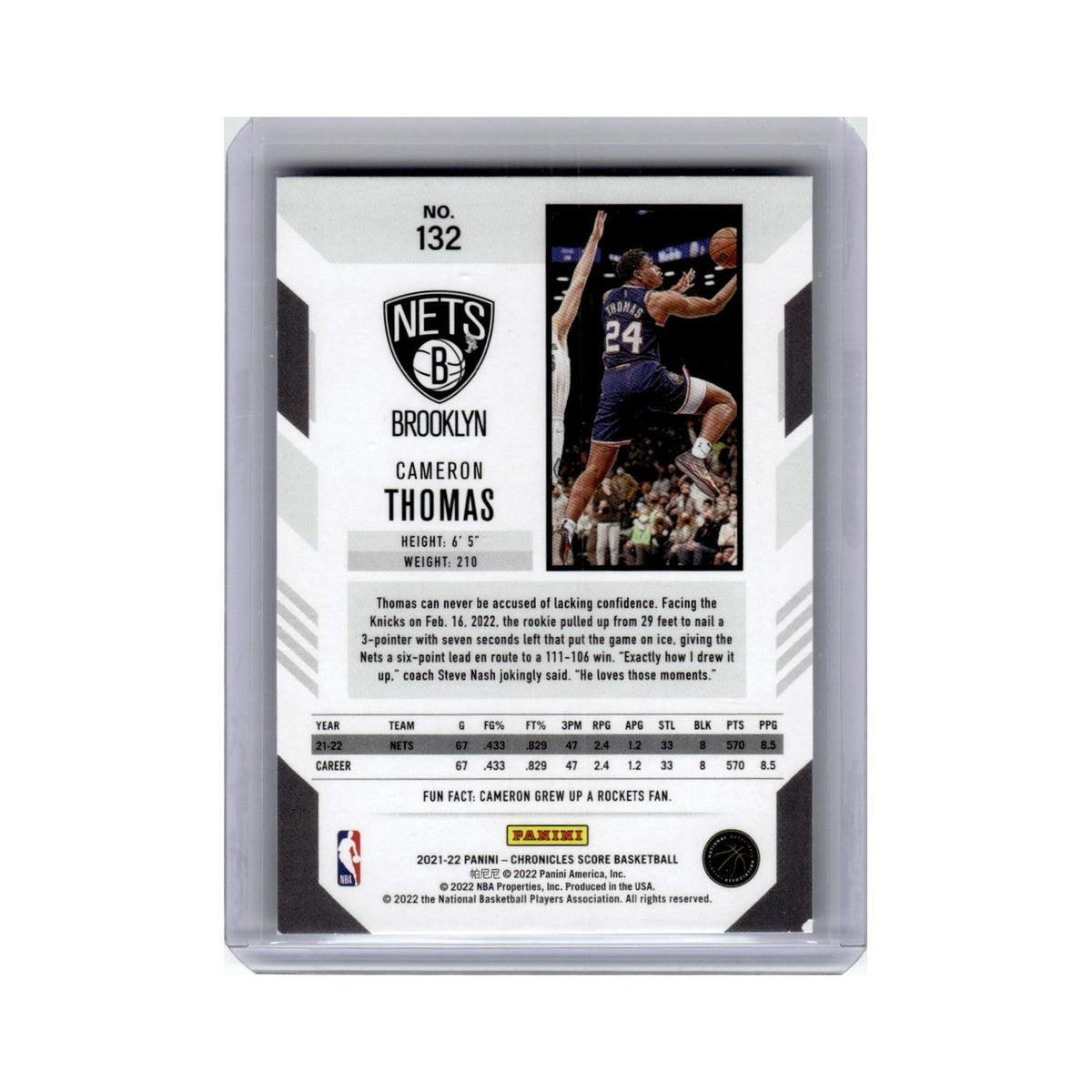 Cameron Thomas Rookie 2021 Score #132 Brooklyn Nets Basketball Card NM