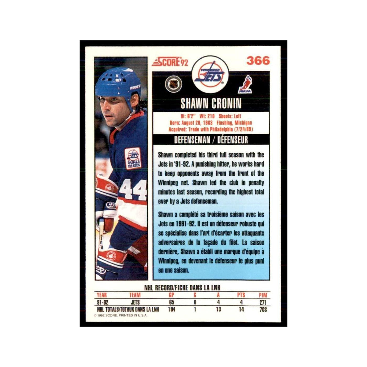1992 Score Canadian Shawn Cronin Winnipeg Jets #366