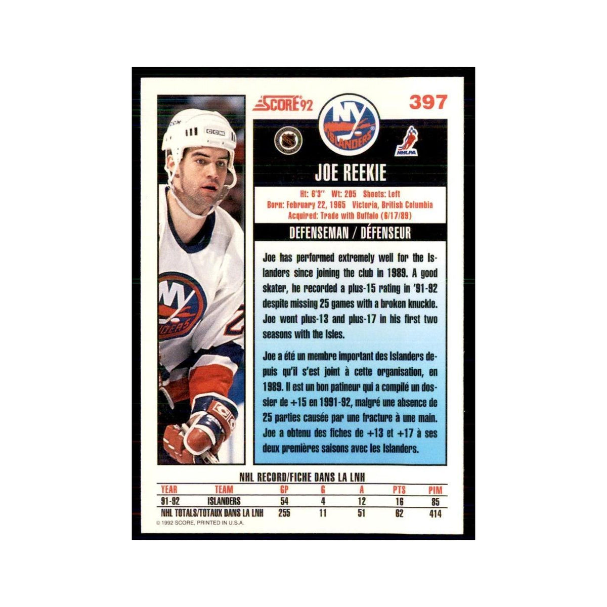 1992 Score Canadian Joe Reekie New York Islanders #397