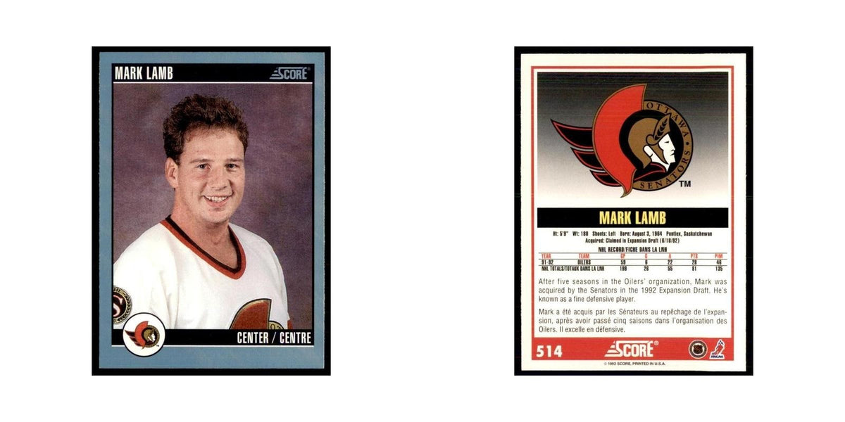 1992 Score Canadian Mark Lamb Ottawa Senators #514
