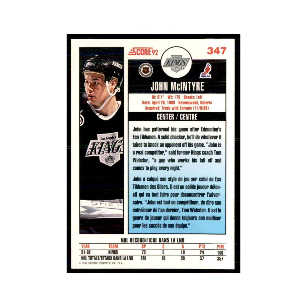 1992 Score Canadian John McIntyre Los Angeles Kings #347
