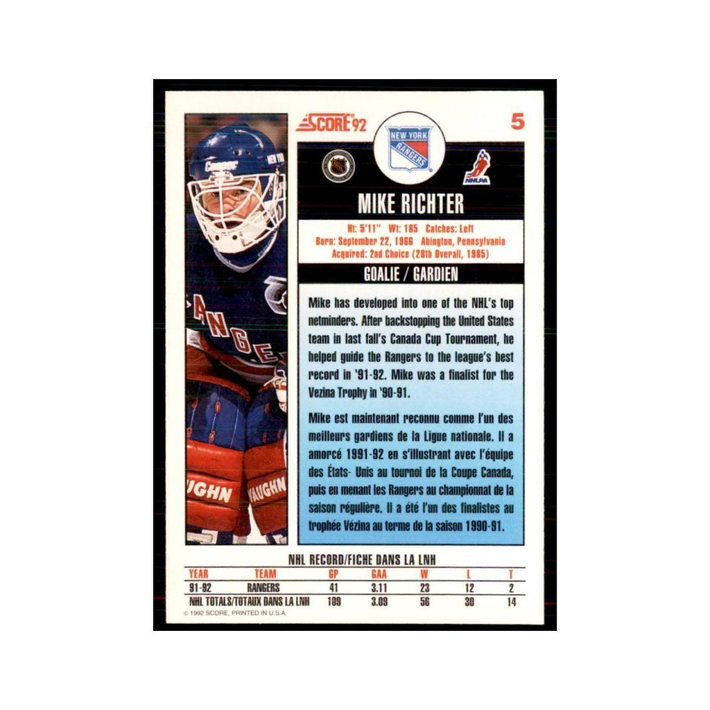 1992 Score Canadian Mike Richter New York Rangers #5