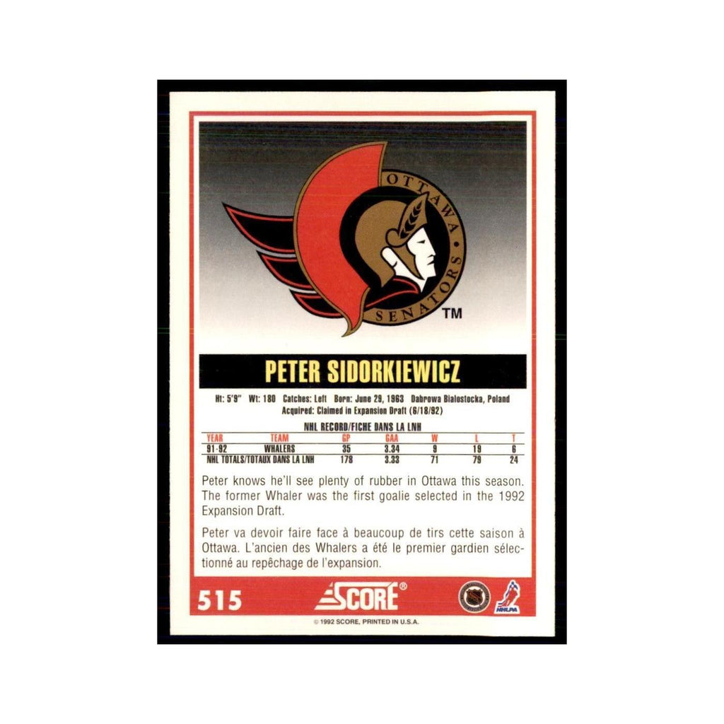 1992 Score Canadian Peter Sidorkiewicz Ottawa Senators #515