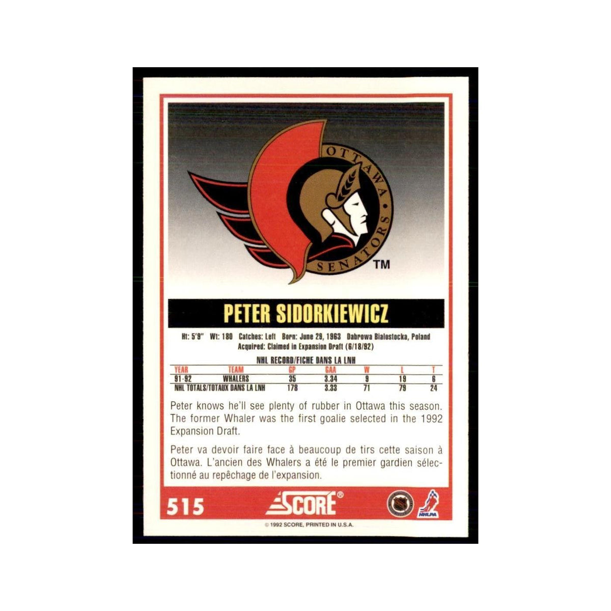 1992 Score Canadian Peter Sidorkiewicz Ottawa Senators #515