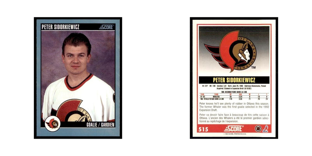 1992 Score Canadian Peter Sidorkiewicz Ottawa Senators #515