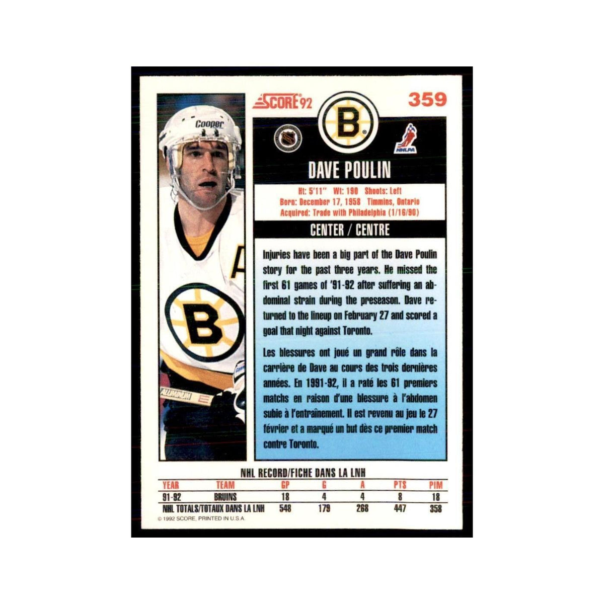 1992 Score Canadian Dave Poulin Boston Bruins #359