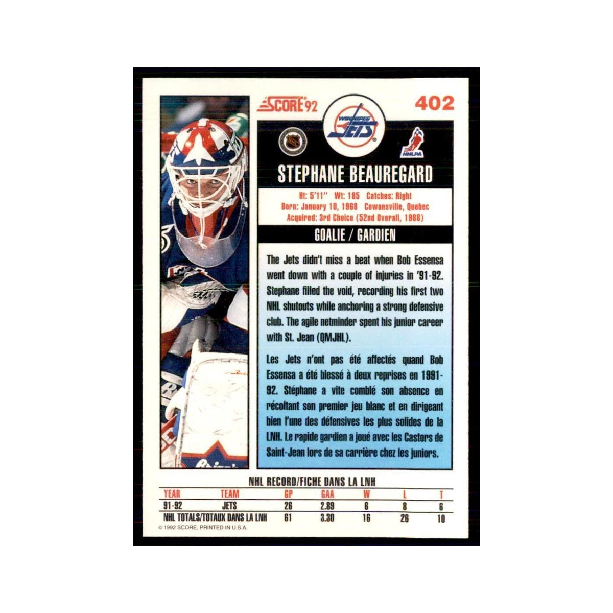 1992 Score Canadian Stephane Beauregard Winnipeg Jets #402