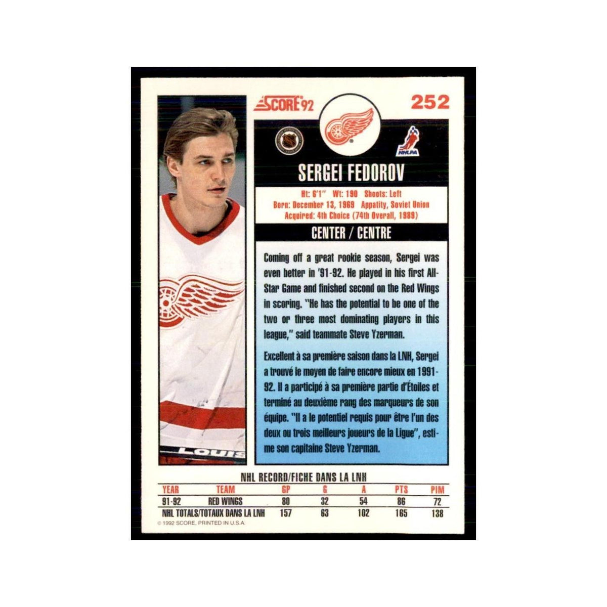 1992 Score Canadian Sergei Fedorov Detroit Red Wings #252