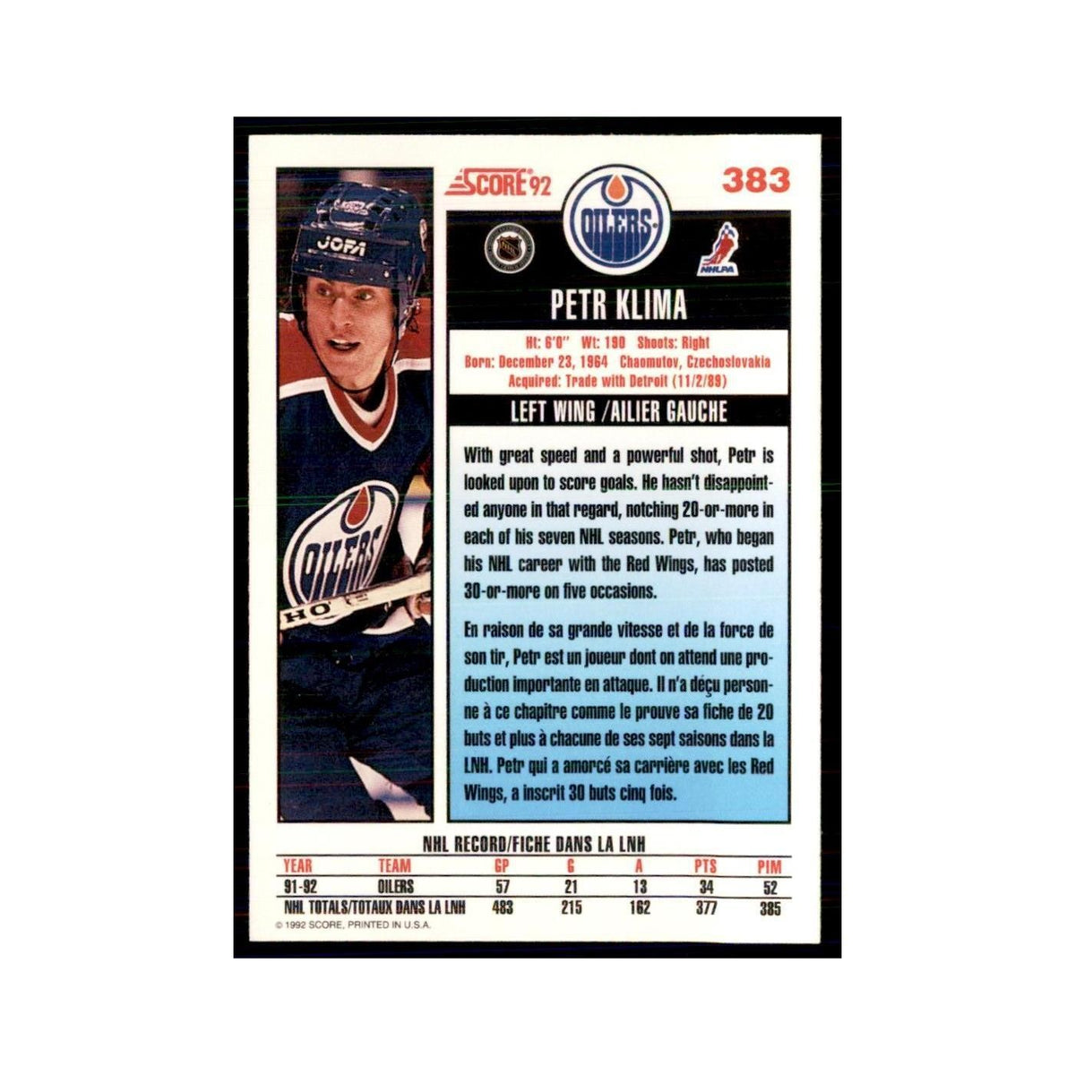 1992 Score Canadian Petr Klima Edmonton Oilers #383
