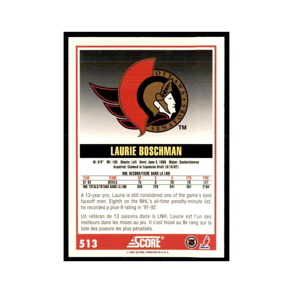 1992 Score Canadian Laurie Boschman Ottawa Senators #513
