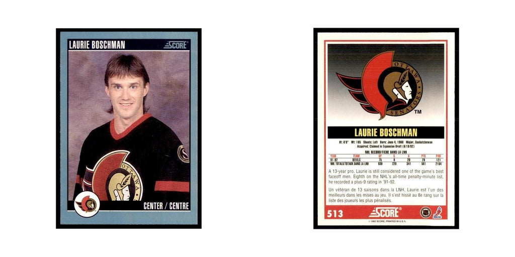 1992 Score Canadian Laurie Boschman Ottawa Senators #513