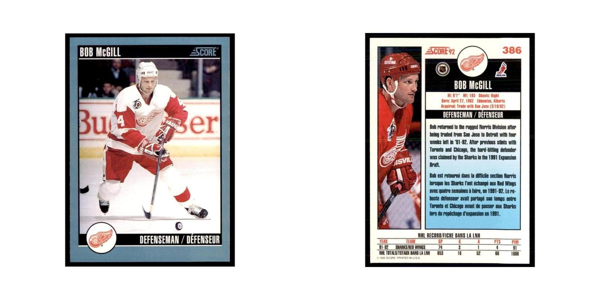 1992 Score Canadian Bob McGill Detroit Red Wings #386