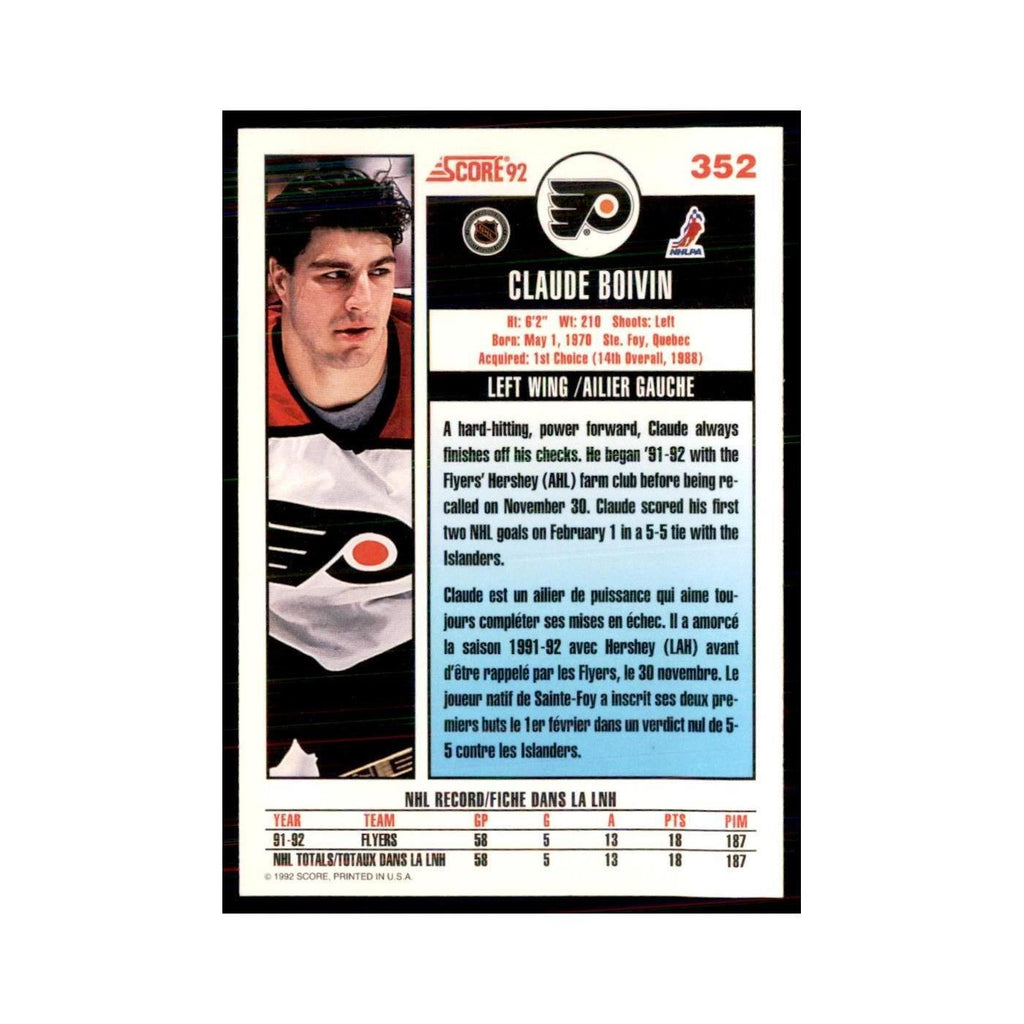 1992 Score Canadian Claude Boivin Philadelphia Flyers #352