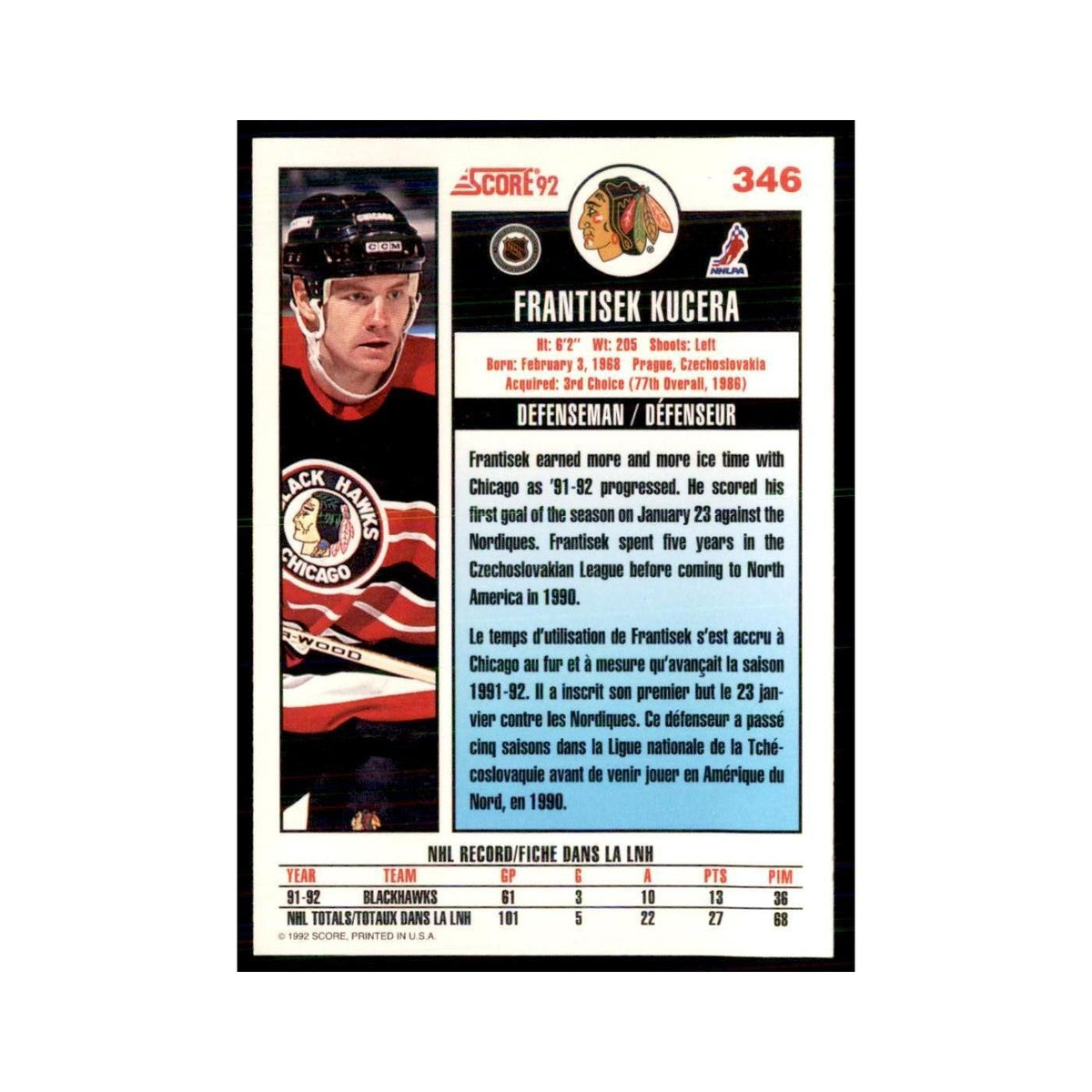 1992 Score Canadian Frantisek Kucera Chicago Blackhawks #346
