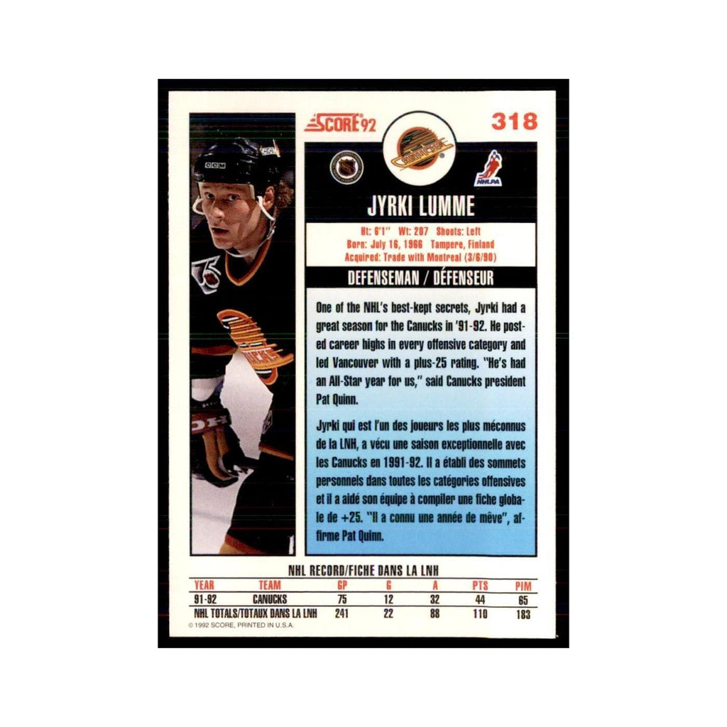 1992 Score Canadian Jyrki Lumme Vancouver Canucks #318