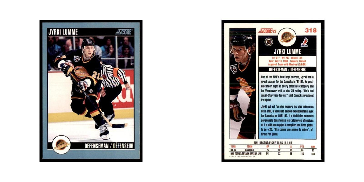 1992 Score Canadian Jyrki Lumme Vancouver Canucks #318