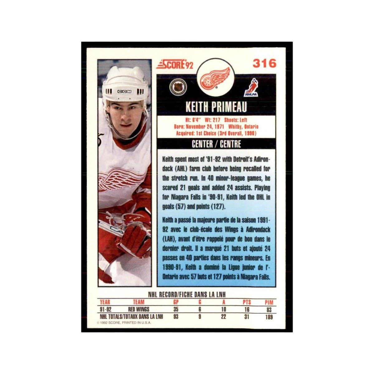 1992 Score Canadian Keith Primeau Detroit Red Wings #316