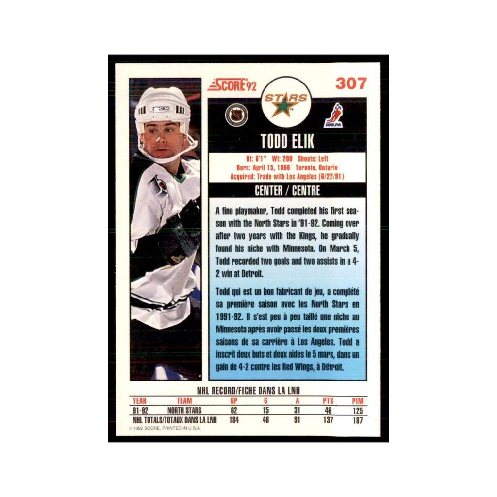 1992 Score Canadian Todd Elik Minnesota North Stars #307