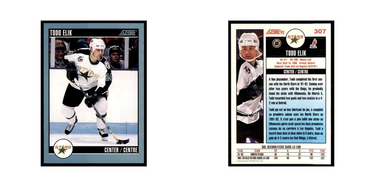 1992 Score Canadian Todd Elik Minnesota North Stars #307