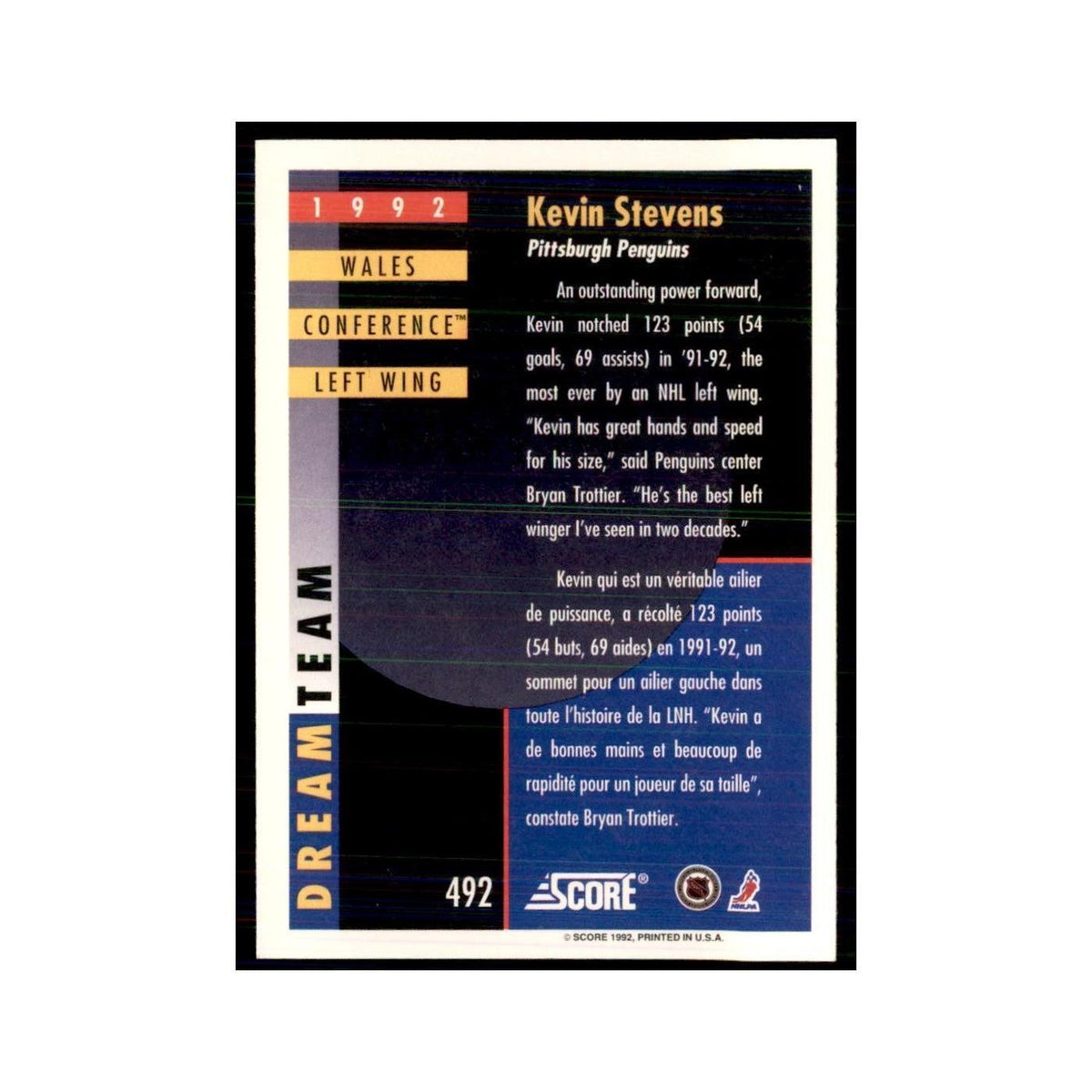 1992 Score Canadian Kevin Stevens Pittsburgh Penguins #492