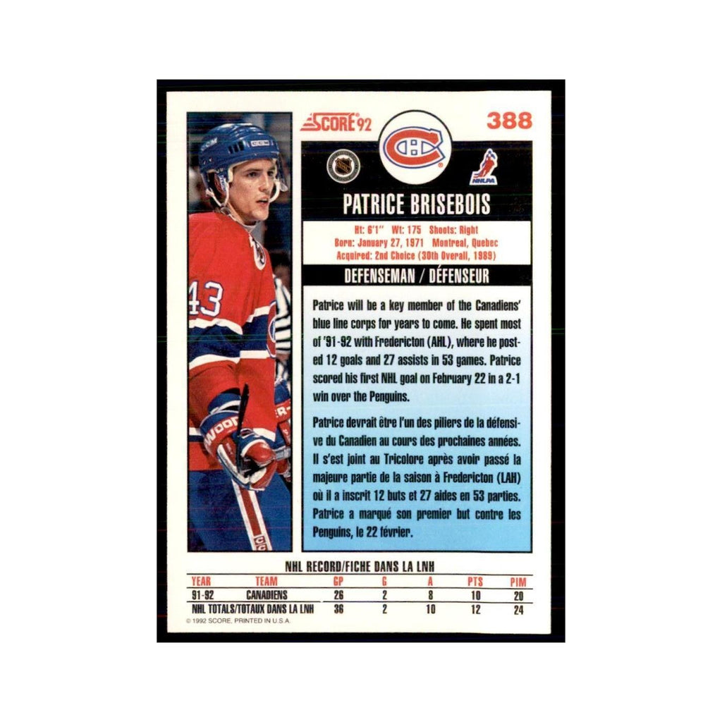1992 Score Canadian Patrice Brisebois Montreal Canadiens #388
