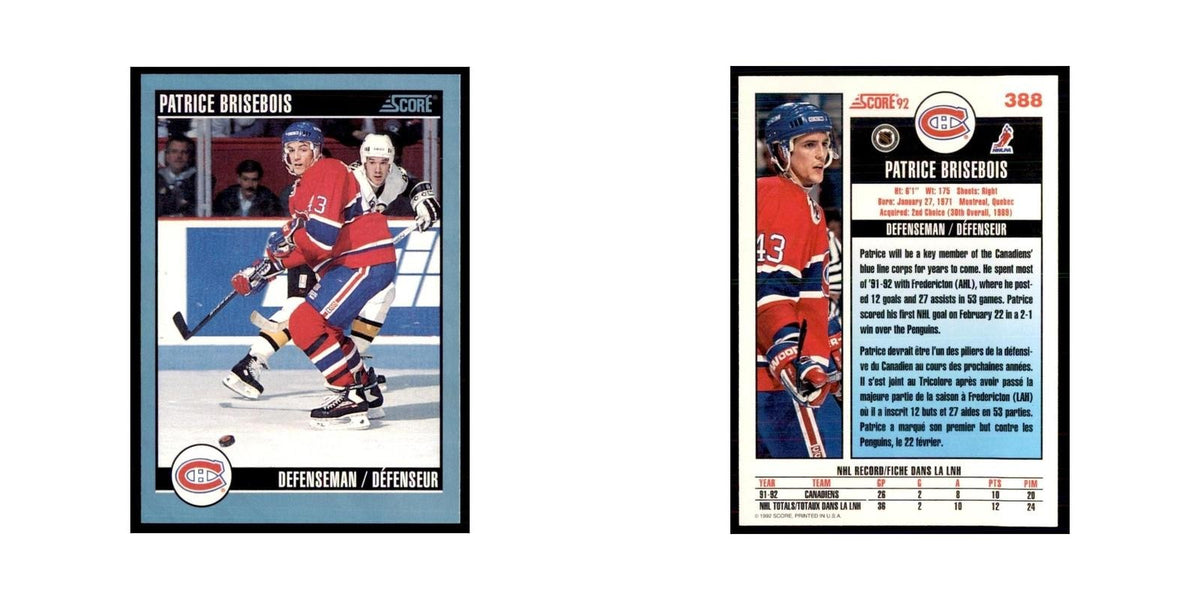 1992 Score Canadian Patrice Brisebois Montreal Canadiens #388