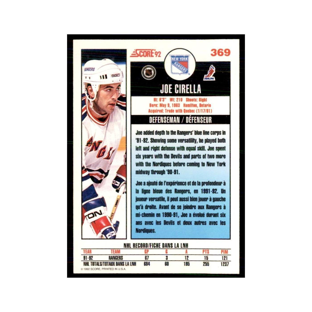 1992 Score Canadian Joe Cirella New York Rangers #369