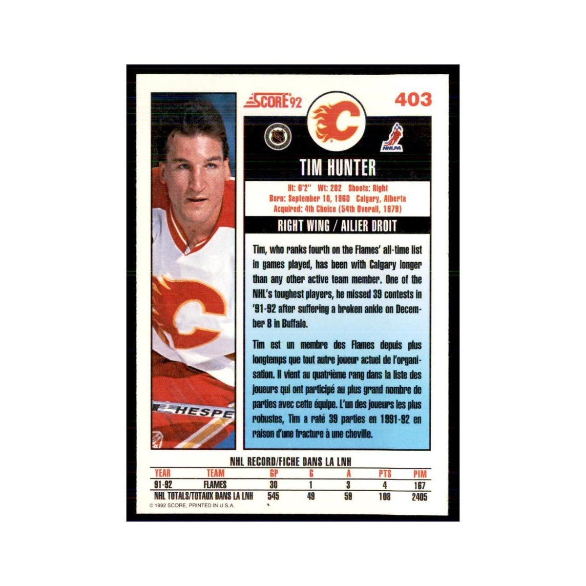 1992 Score Canadian Tim Hunter Calgary Flames #403