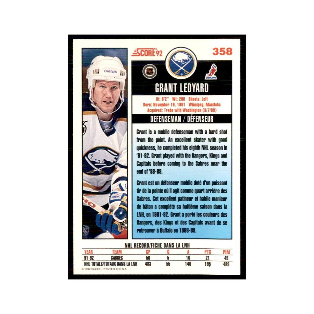 1992 Score Canadian Grant Ledyard Buffalo Sabres #358