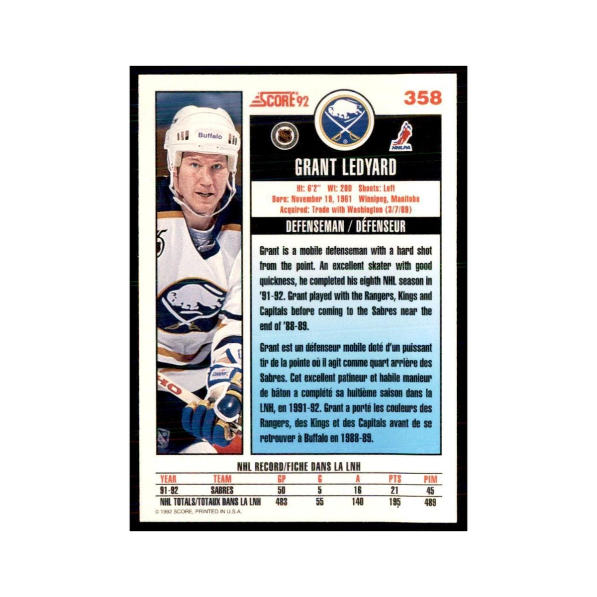 1992 Score Canadian Grant Ledyard Buffalo Sabres #358