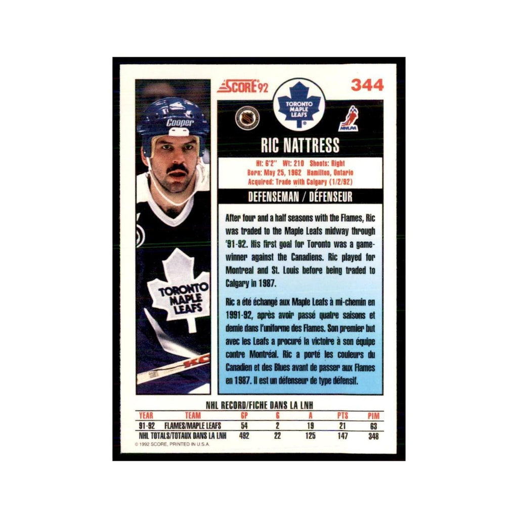 1992 Score Canadian Ric Nattress Toronto Maple Leafs #344