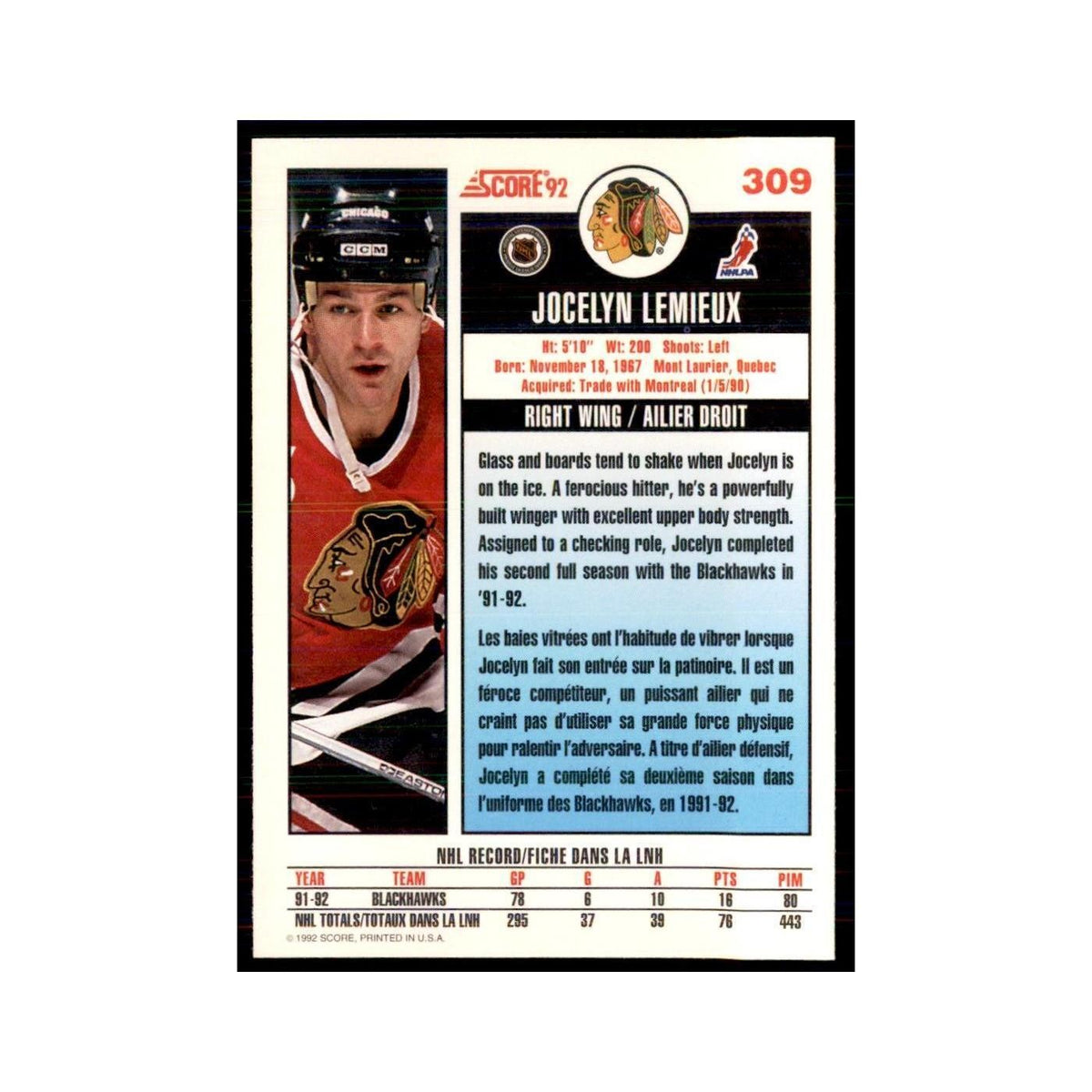 1992 Score Canadian Jocelyn Lemieux Chicago Blackhawks #309