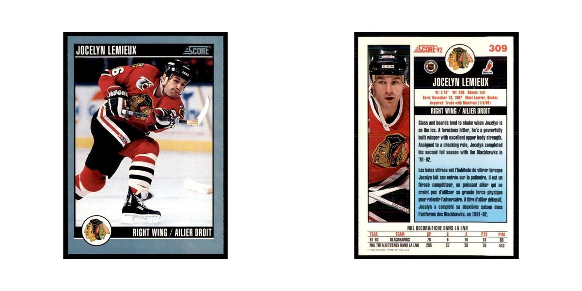 1992 Score Canadian Jocelyn Lemieux Chicago Blackhawks #309