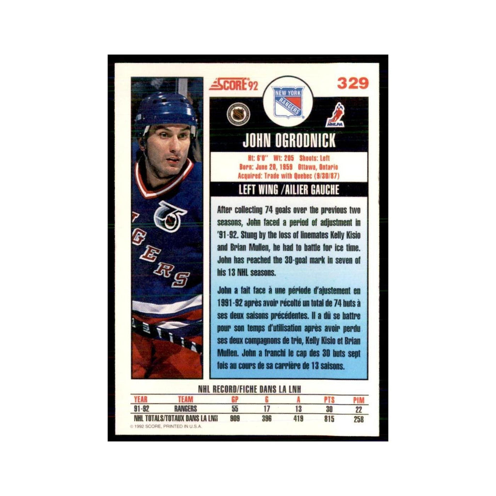 1992 Score Canadian John Ogrodnick New York Rangers #329