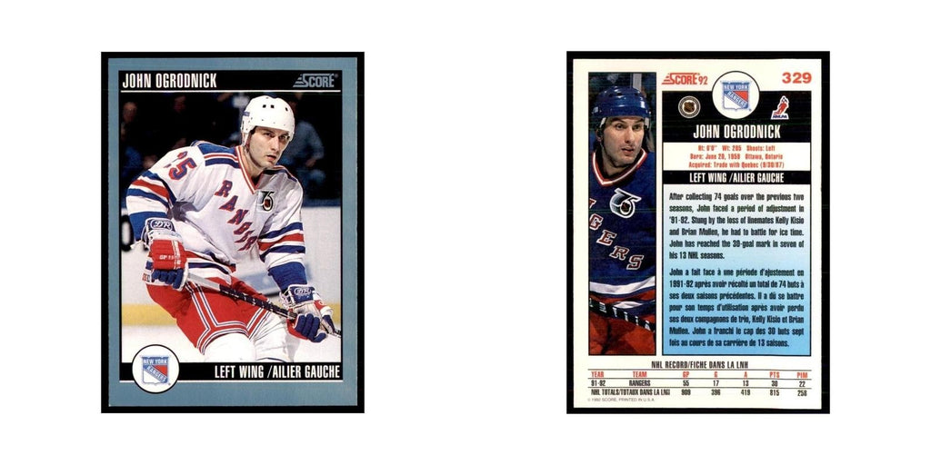 1992 Score Canadian John Ogrodnick New York Rangers #329