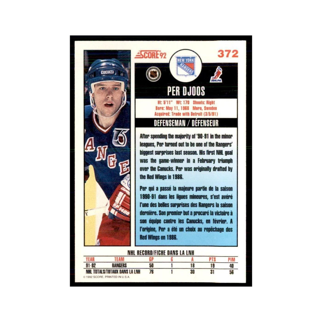 1992 Score Canadian Per Djoos New York Rangers #372
