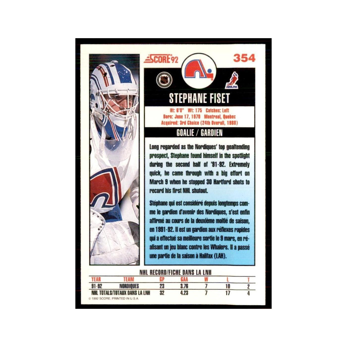 1992 Score Canadian Stephane Fiset Quebec Nordiques #354