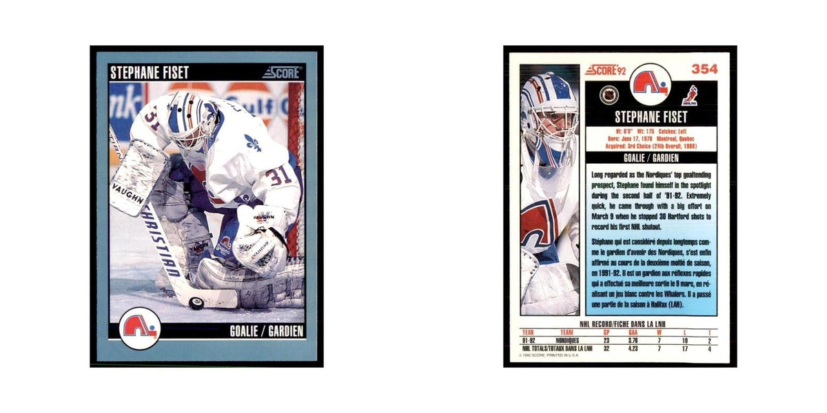 1992 Score Canadian Stephane Fiset Quebec Nordiques #354