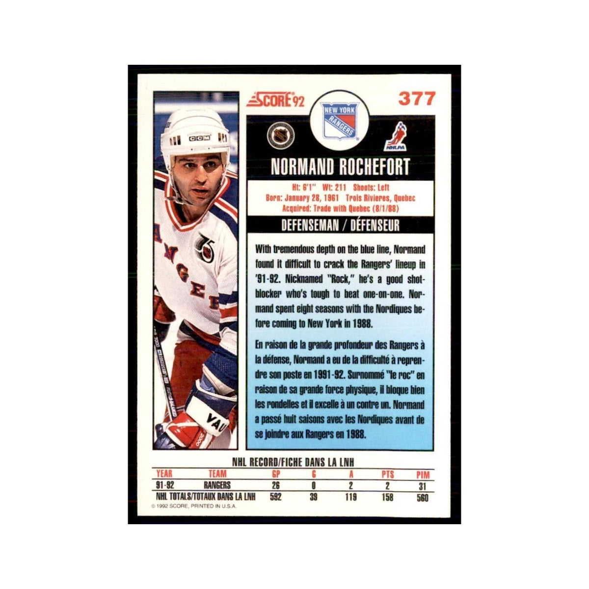 1992 Score Canadian Normand Rochefort New York Rangers #377